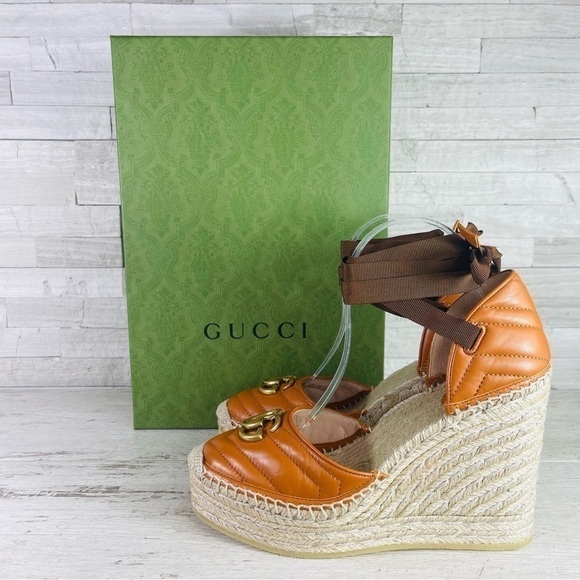 GUCCI SZ 40 Nappa Matelasse GG Marmont Ankle Wrap Espadrille Wedge Cognac - Picture 14 of 14